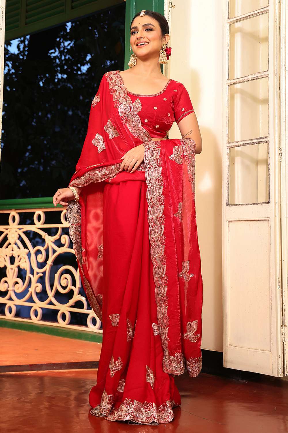Misha Red Tissue Saree with Embroidery Work Ready to Wear One Minute Saree