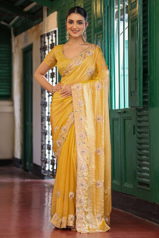 Polly Yellow Tissue Saree with Embroidery Work Ready to Wear One Minute Saree