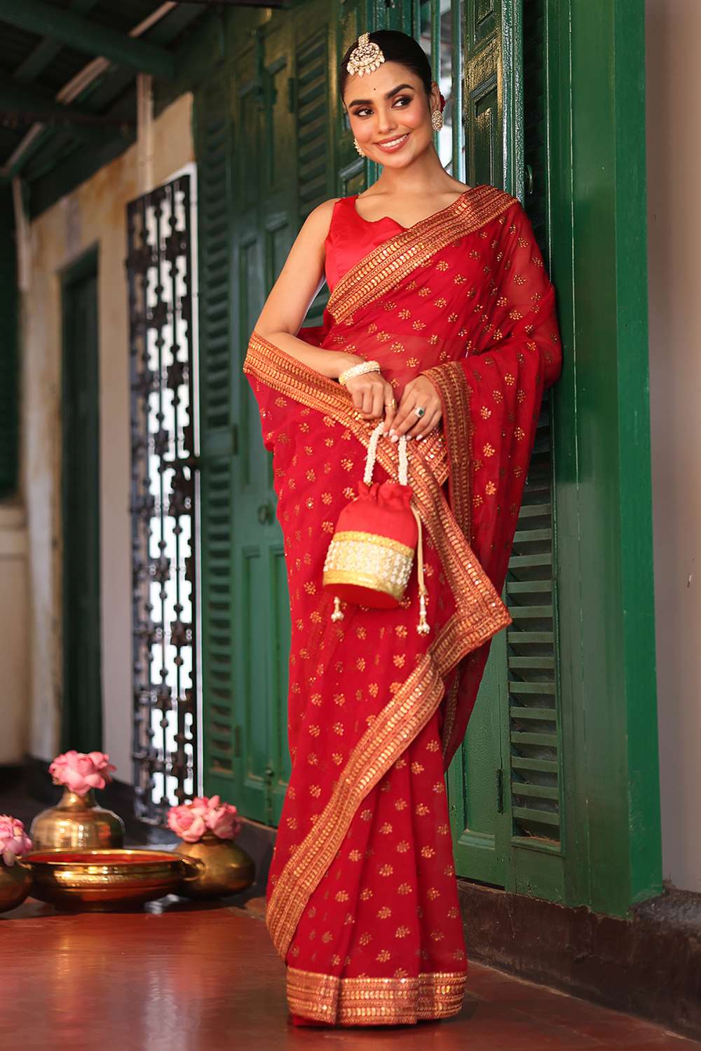 Raya Maroon Embroidered Chiffon Saree Ready to Wear One Minute Saree