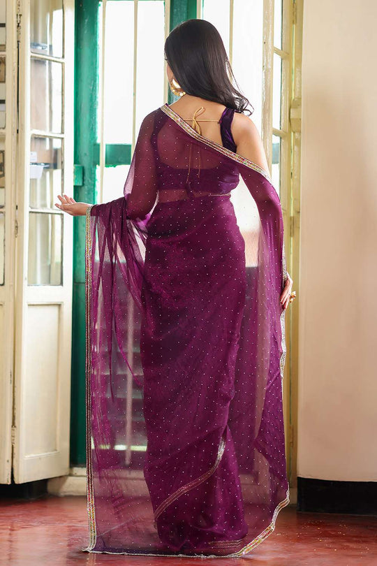 Suri Wine Organza Saree with Sequin Work Ready to Wear One Minute Saree