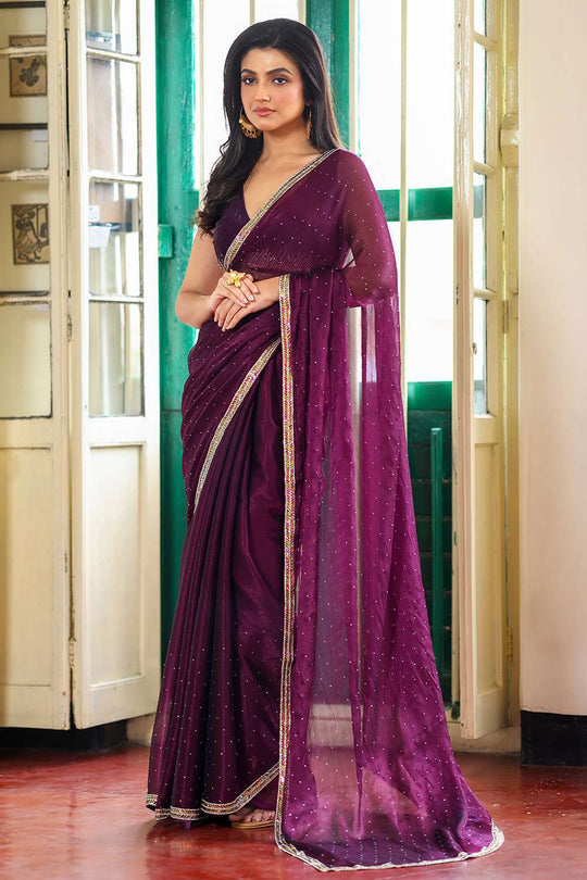 Suri Wine Organza Saree with Sequin Work Ready to Wear One Minute Saree