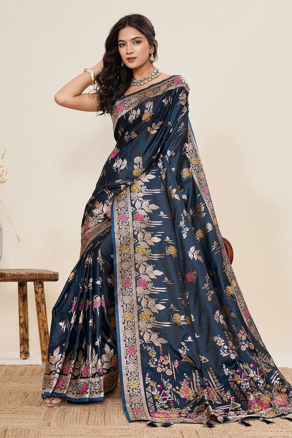 Margot Navy Blue Woven Satin Saree Ready to Wear One Minute Saree