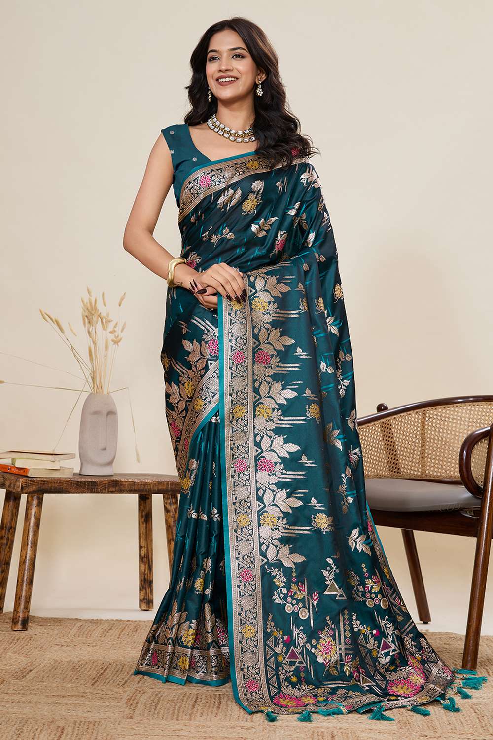 Margot Teal Woven Satin Saree Ready to Wear One Minute Saree