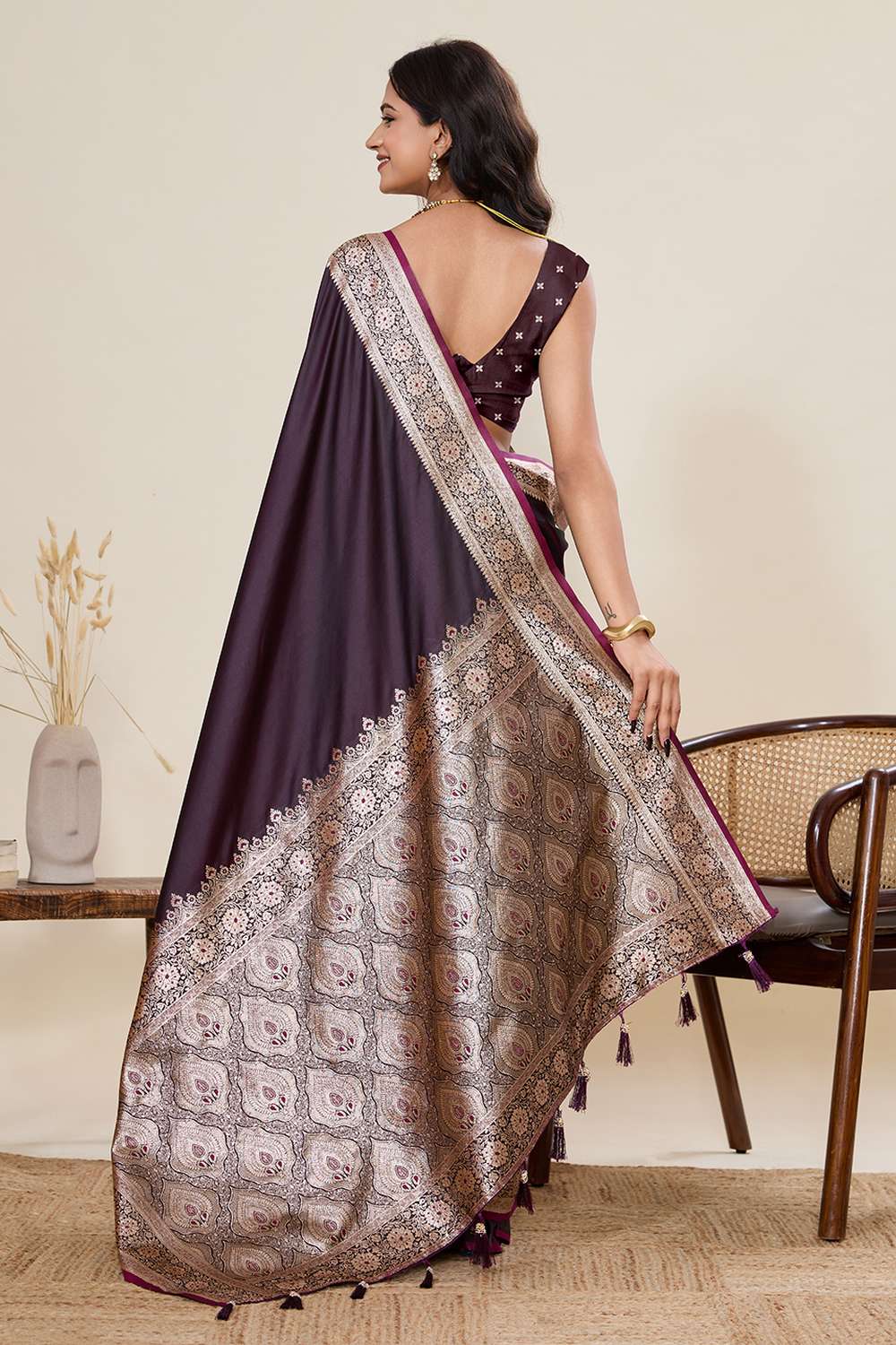 Thea Wine Woven Satin Saree Ready to Wear One Minute Saree