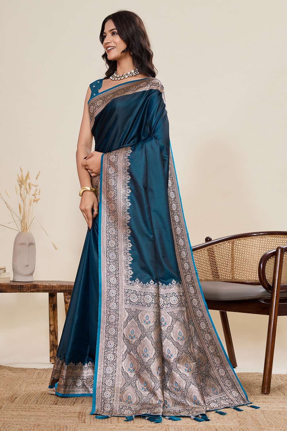 Tula Turquoise Woven Satin Saree Ready to Wear One Minute Saree