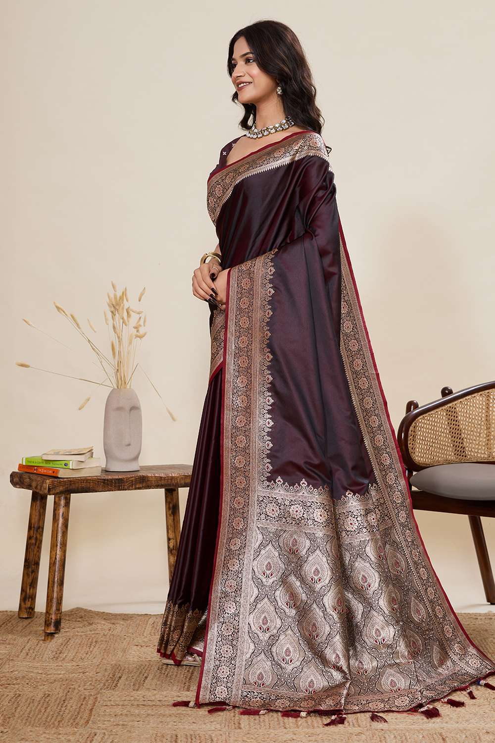 Brea Brown Woven Satin Saree Ready to Wear One Minute Saree