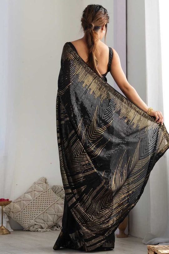 Lilia Black Sequin Georgette Ready to Wear One Minute Saree