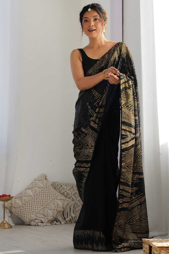 Lilia Black Sequin Georgette Ready to Wear One Minute Saree