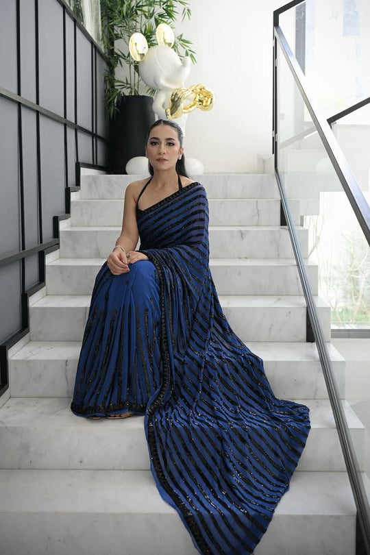 Everly Blue Designer Embroidered Georgette Saree Ready to Wear One Minute Saree