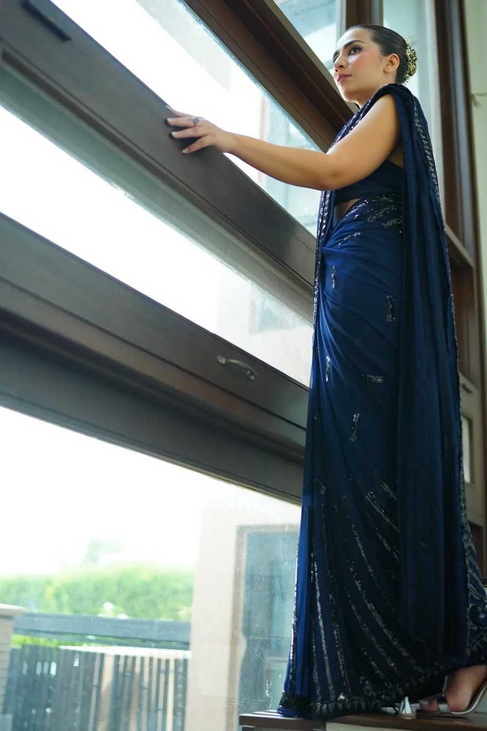 Everly Blue Designer Embroidered Georgette Saree Ready to Wear One Minute Saree