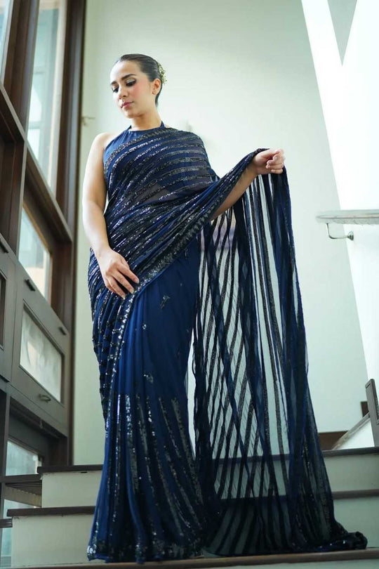 Everly Blue Designer Embroidered Georgette Saree Ready to Wear One Minute Saree