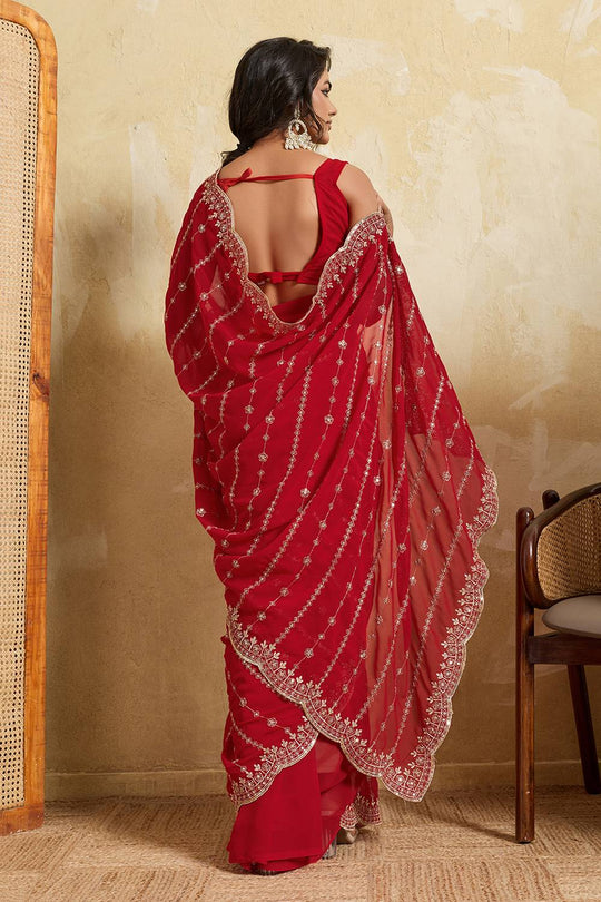 Nora Red Georgette Sequins Embroidered Designer Border Ready to Wear Saree