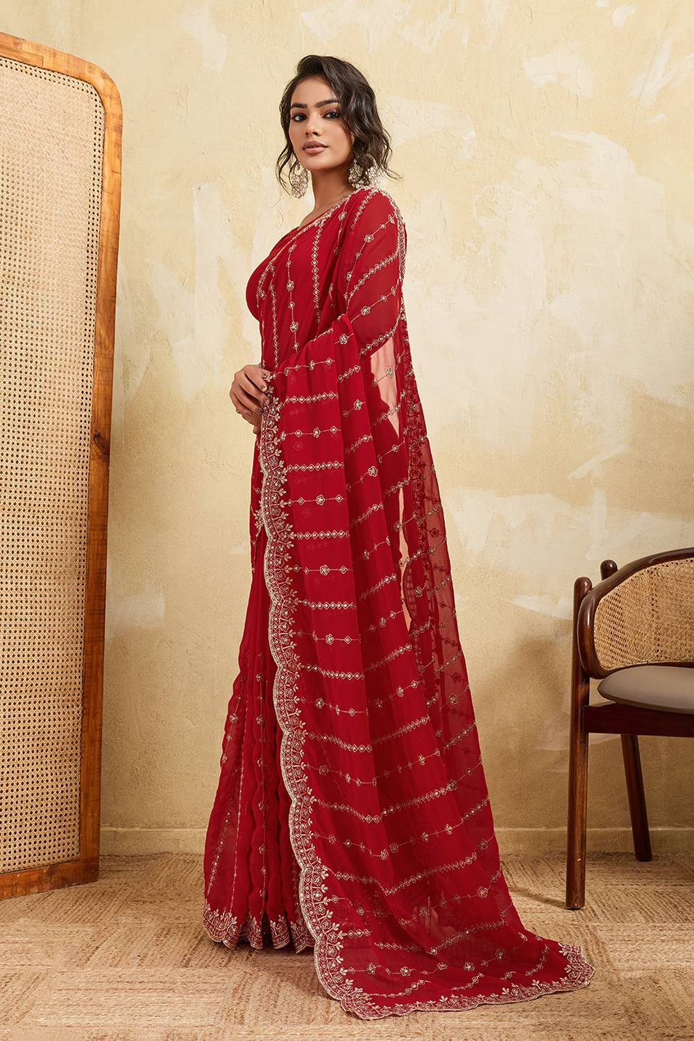 Nora Red Georgette Sequins Embroidered Designer Border Ready to Wear Saree