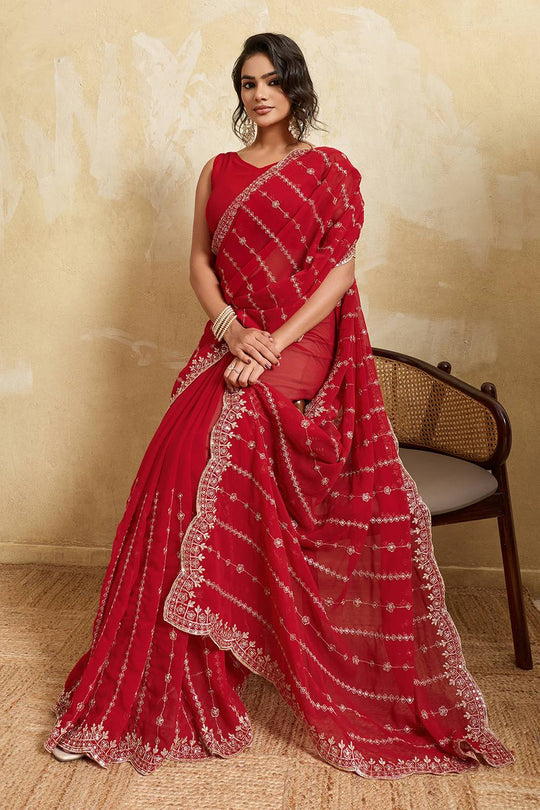 Nora Red Georgette Sequins Embroidered Designer Border Ready to Wear Saree