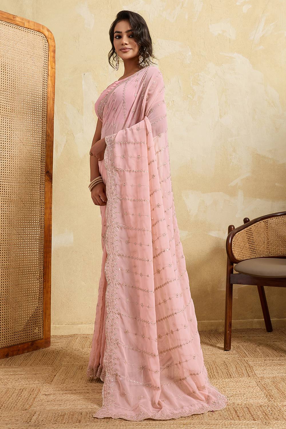 Nora Soft Pink Georgette Sequins Embroidered Designer Border Ready to Wear Saree