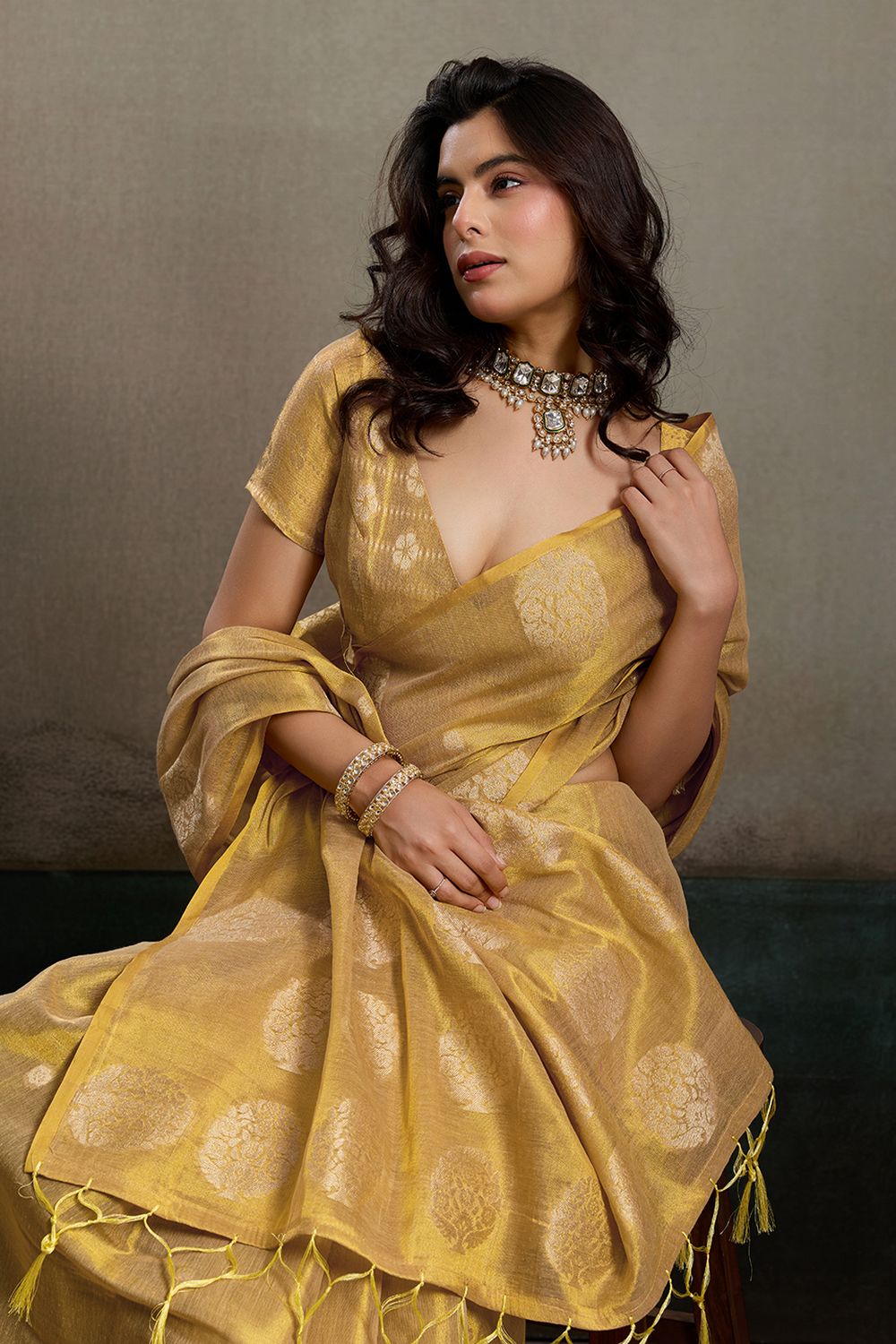 Mirabella Beige Tissue Silk Woven Ready to Wear One Minute Saree