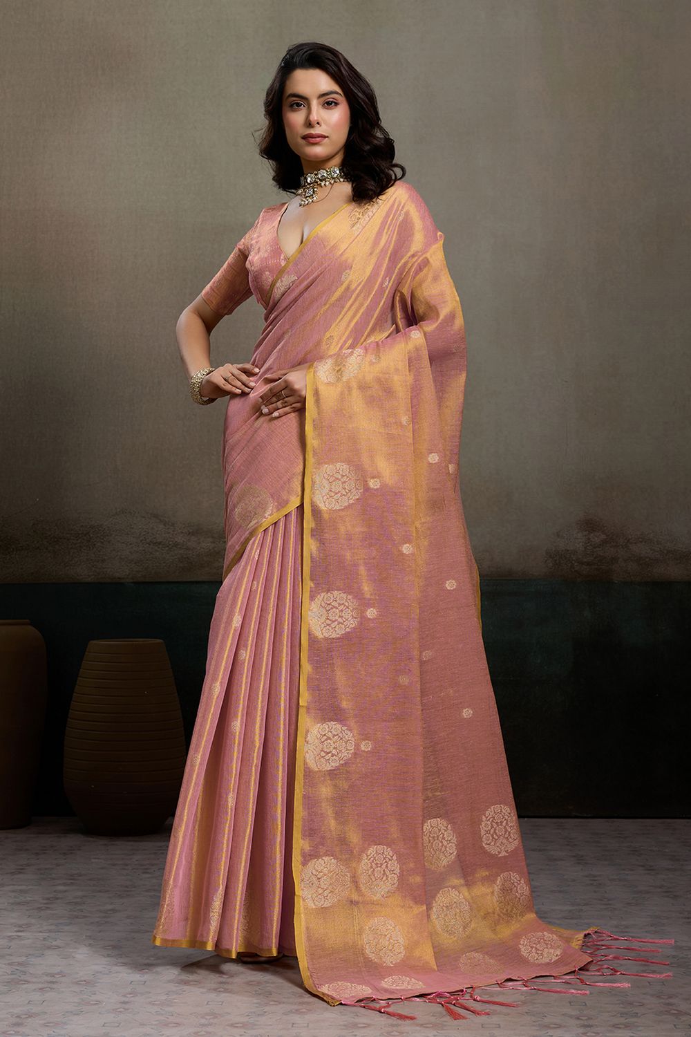 Mirabella Pink Tissue Silk Woven Ready to Wear One Minute Saree