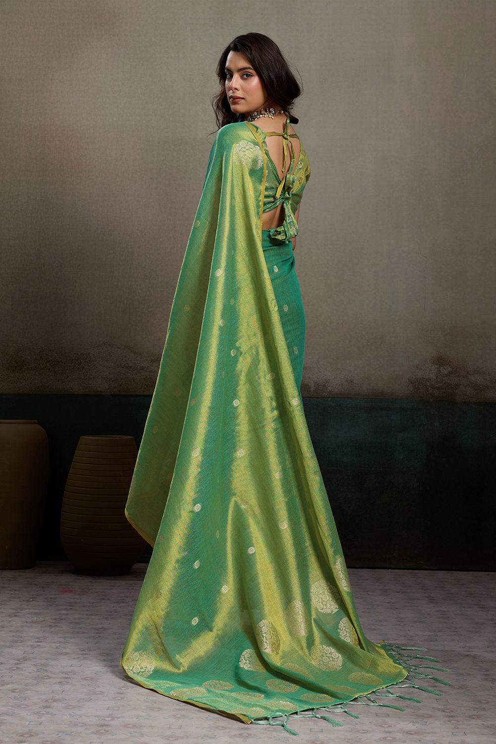 Mirabella Green Tissue Silk Woven Ready to Wear One Minute Saree