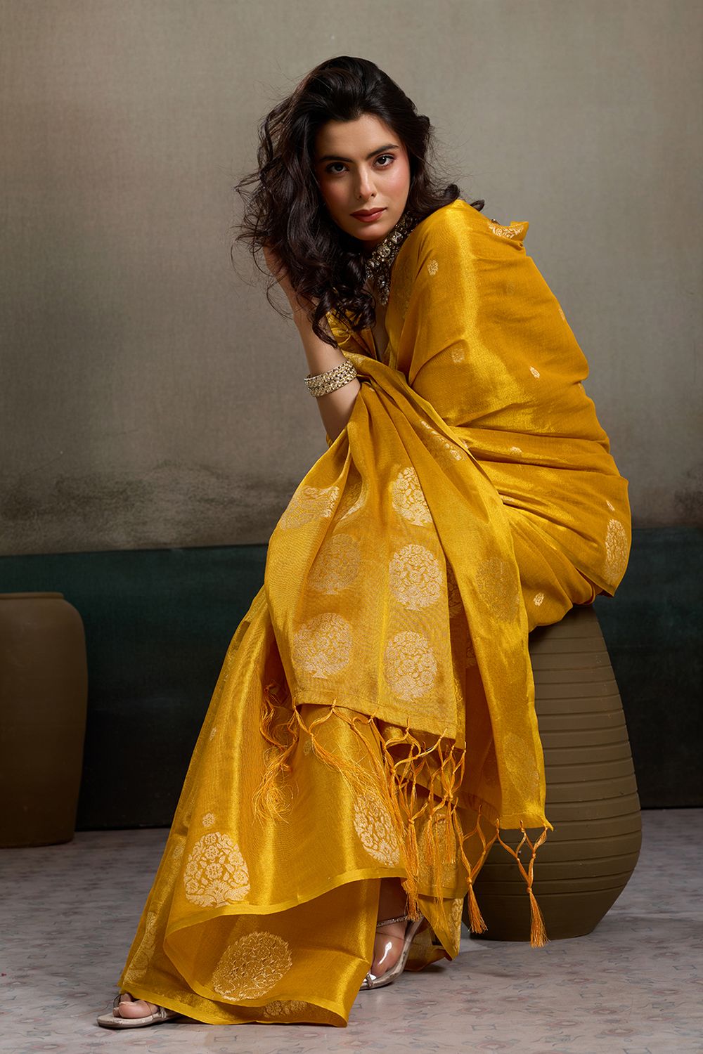 Mirabella Mustard Yellow Tissue Silk Woven Ready to Wear One Minute Saree