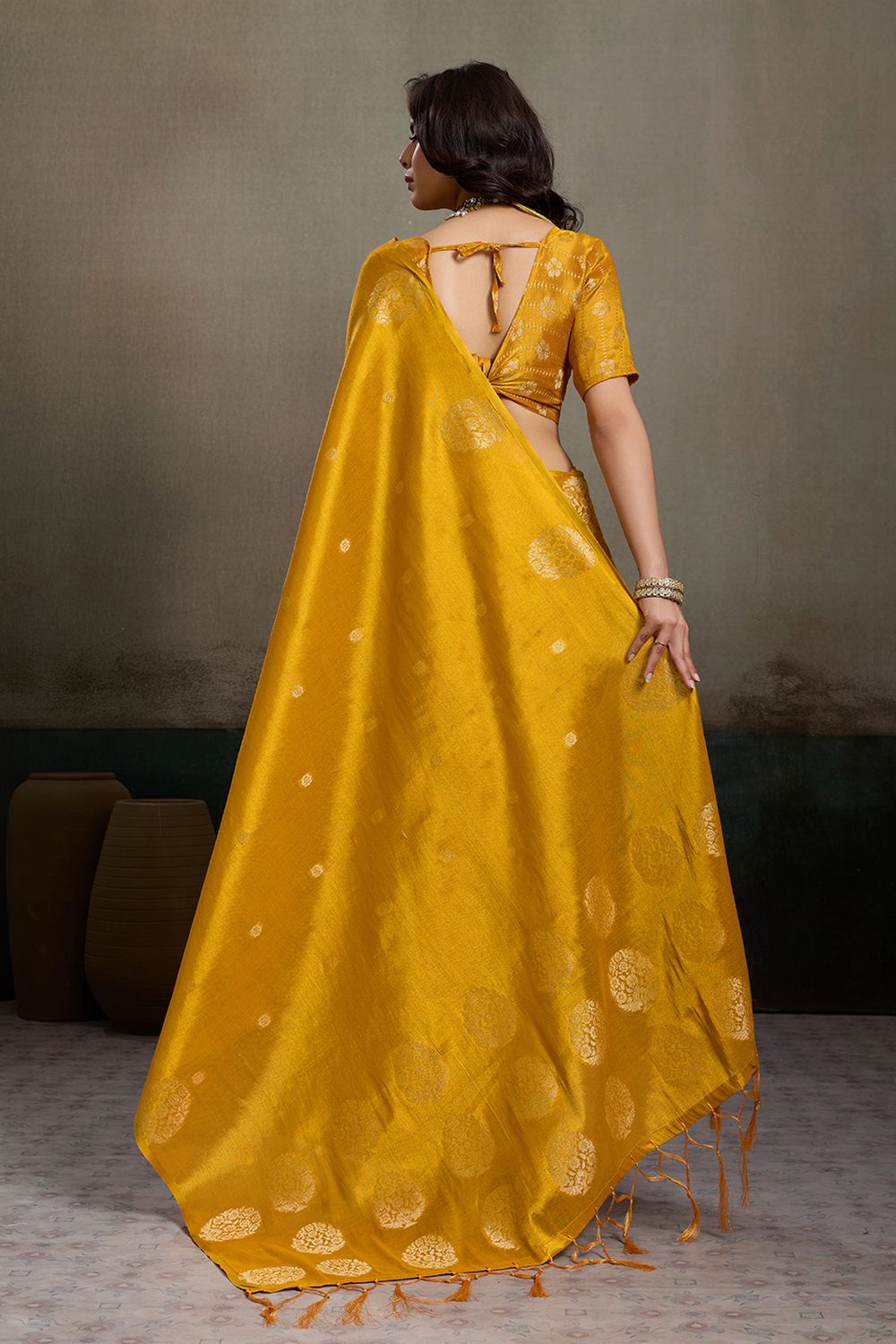 Mirabella Mustard Yellow Tissue Silk Woven Ready to Wear One Minute Saree
