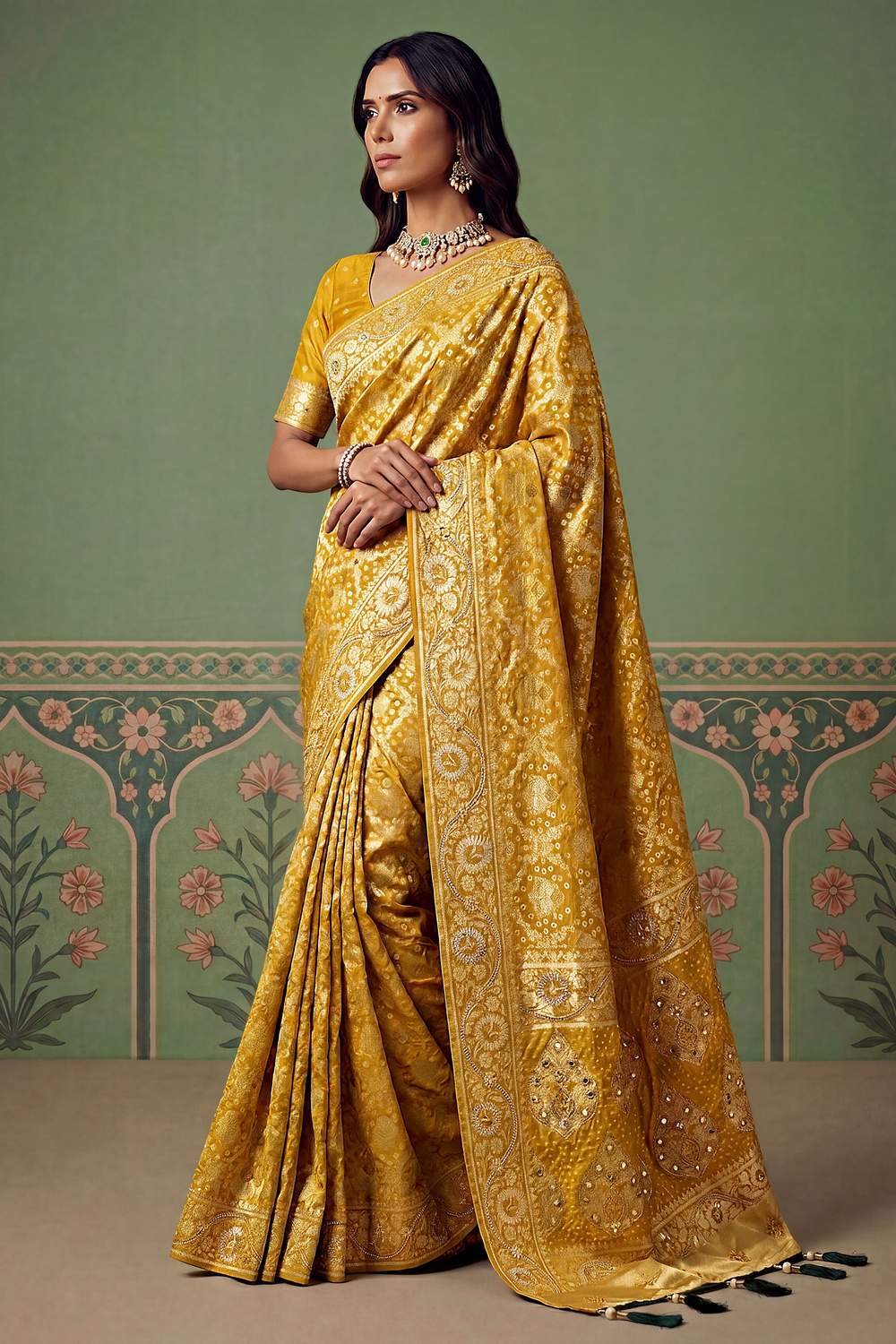 Imane Mustard Yellow Pashmina Silk Zari Woven Designer Ready to Wear One Minute Saree