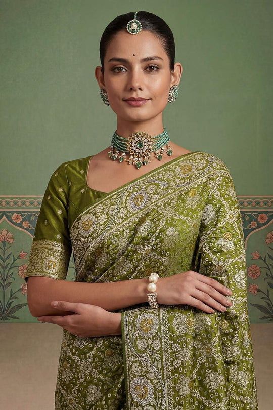 Imane Green Pashmina Silk Zari Woven Designer Ready to Wear One Minute Saree