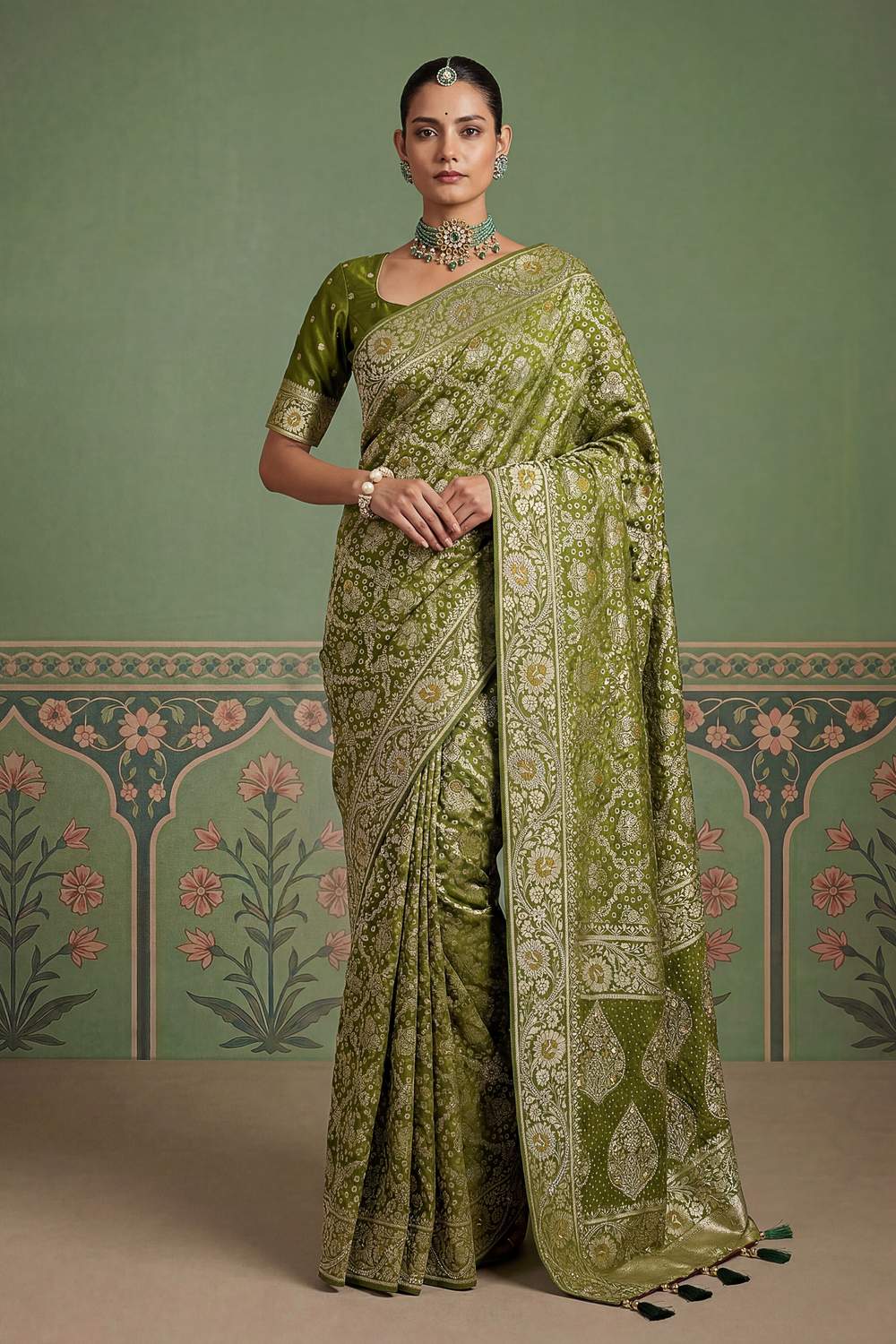 Imane Green Pashmina Silk Zari Woven Designer Ready to Wear One Minute Saree