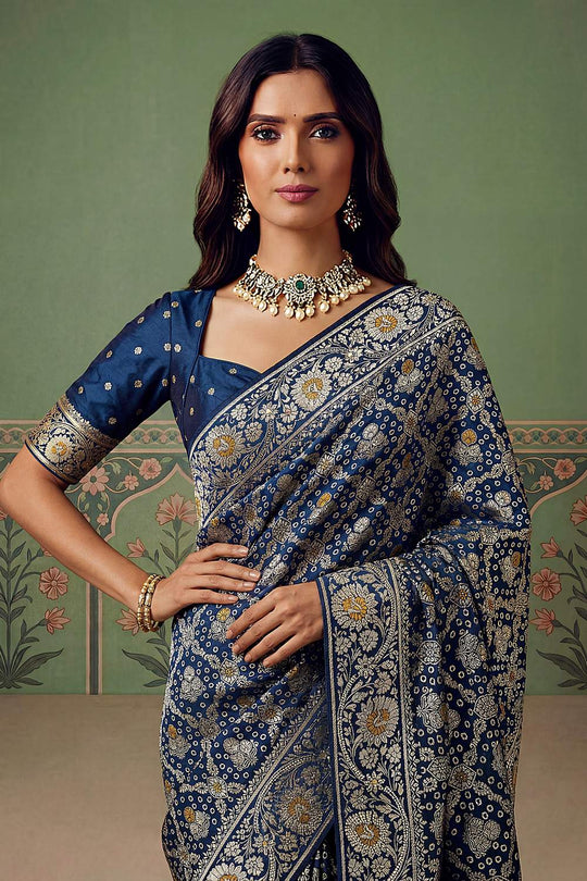 Imane Blue Pashmina Silk Zari Woven Designer Ready to Wear One Minute Saree