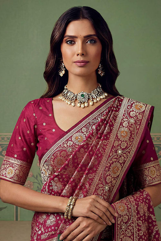 Imane Maroon Pashmina Silk Zari Woven Designer Ready to Wear One Minute Saree