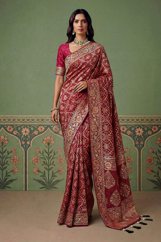 Imane Maroon Pashmina Silk Zari Woven Designer Ready to Wear One Minute Saree