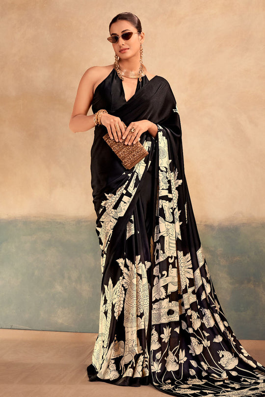 Meena Black Satin Silk Designer Kalamkari Printed Ready to Wear One Minute Saree