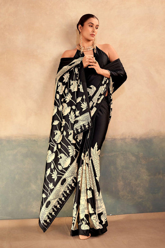 Meena Black Satin Silk Designer Kalamkari Printed Ready to Wear One Minute Saree