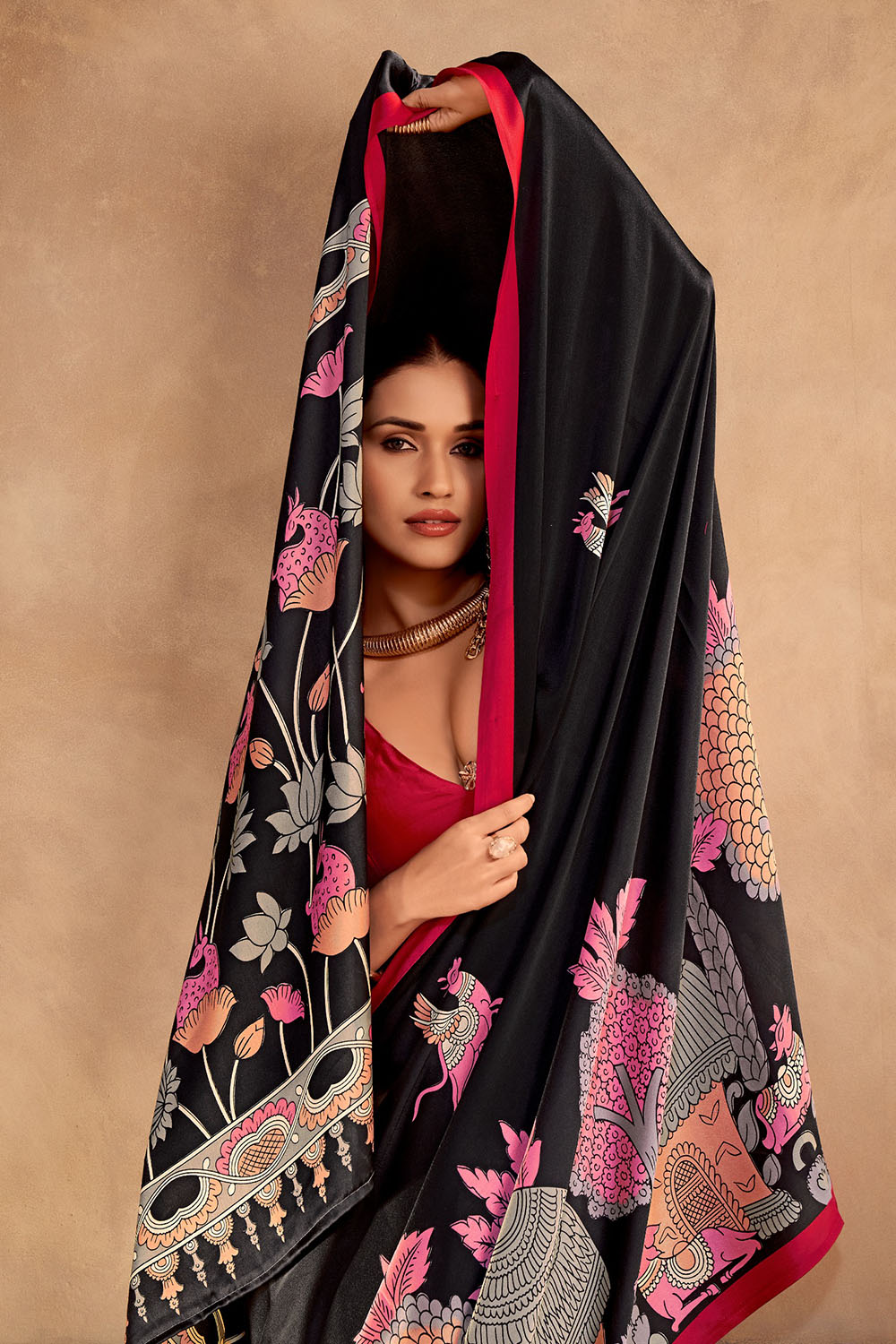 Meena  Black Satin Silk Designer Kalamkari Printed Ready to Wear One Minute Saree