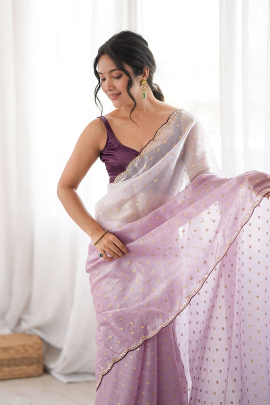 Cassia Lavender Satin Woven Butti Beads Cut Dana Work Ready to Wear Saree
