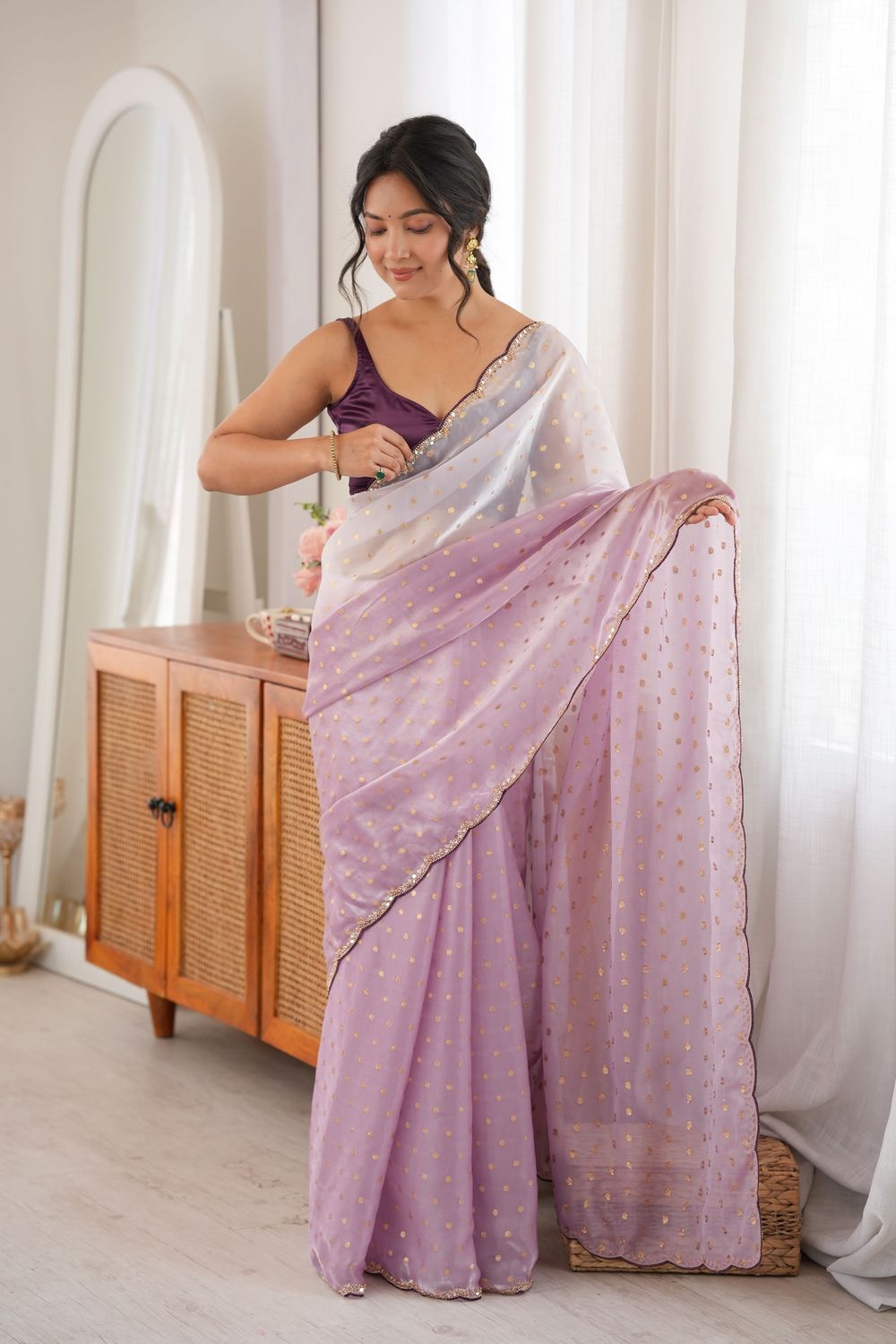 Cassia Lavender Satin Woven Butti Beads Cut Dana Work Ready to Wear Saree