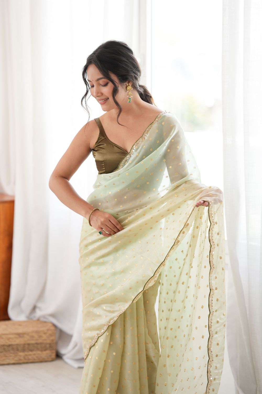 Cassia Pastel Mint Green Satin Woven Butti Beads Cut Dana Work Ready to Wear Saree