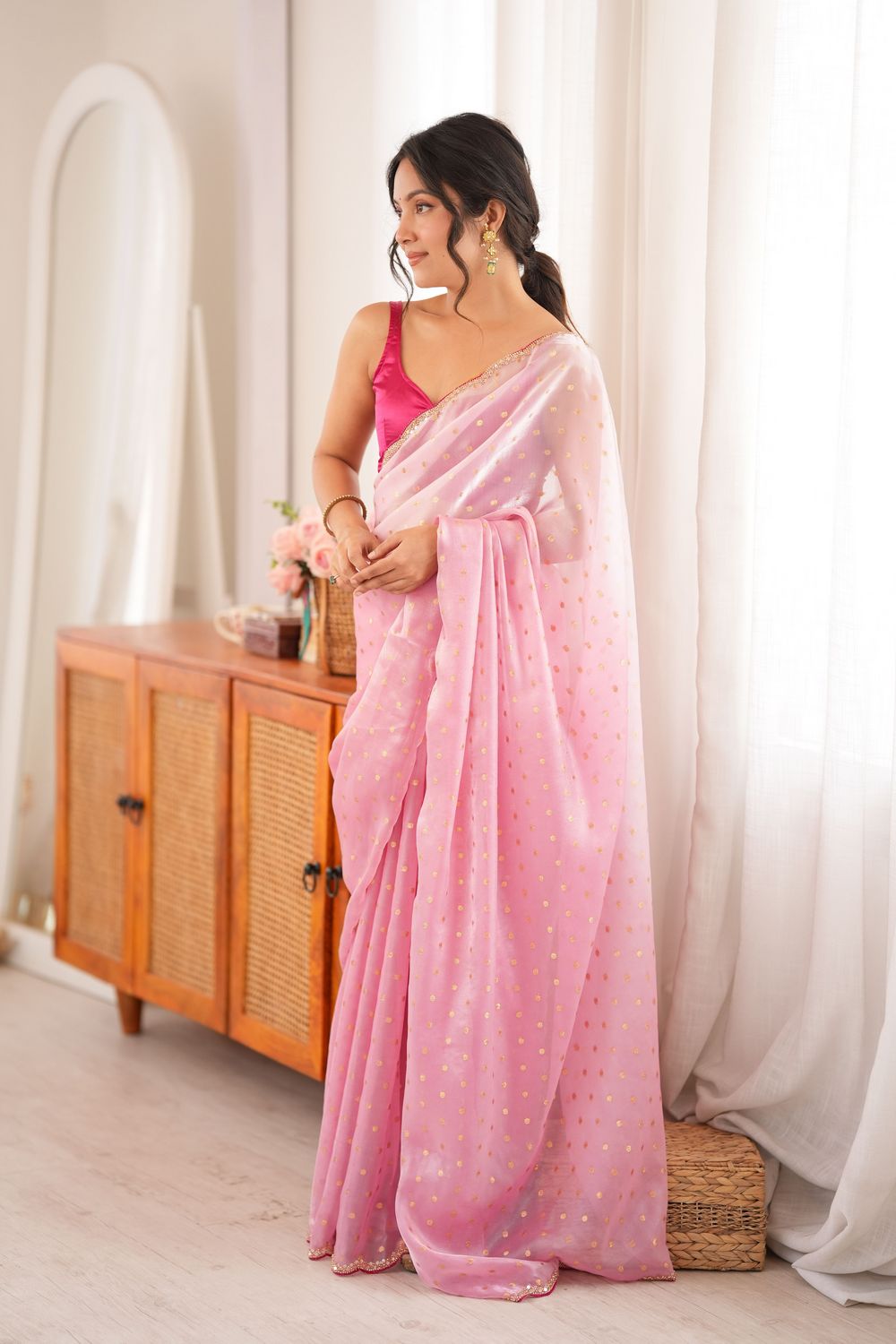Cassia Baby Pink Satin Woven Butti Beads Cut Dana Work Ready to Wear Saree