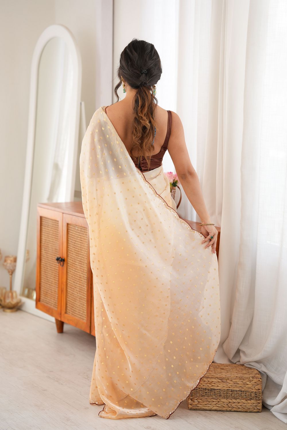 Cassia Cream & Peach Satin Ombre Woven Butti Beads Cut Dana Work Ready to Wear Saree