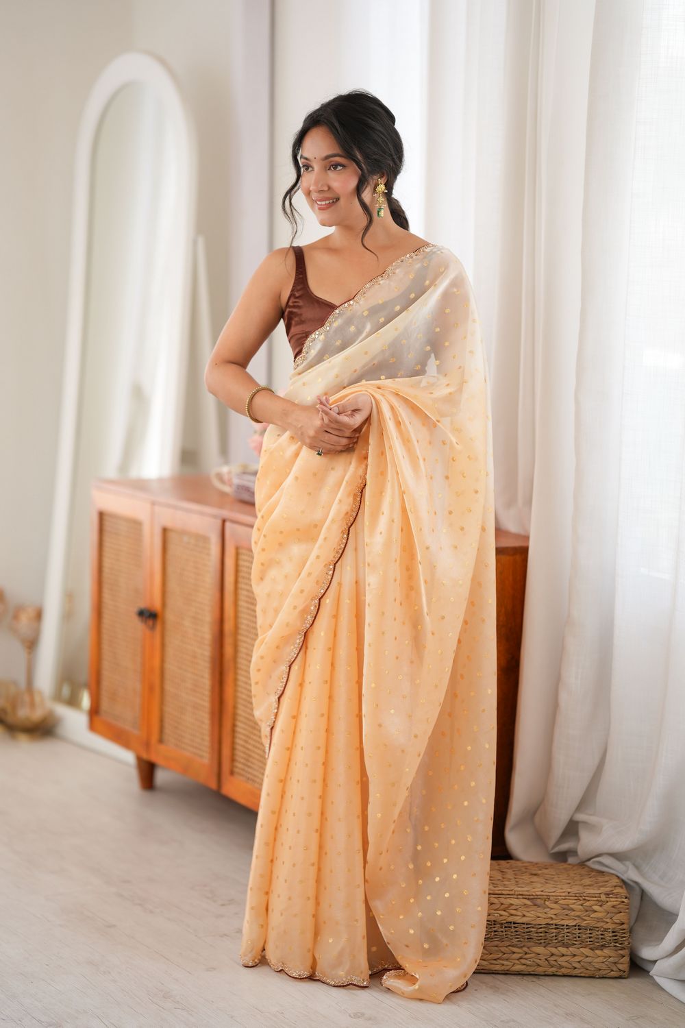 Cassia Cream &amp; Peach Satin Ombre Woven Butti Beads Cut Dana Work Ready to Wear Saree