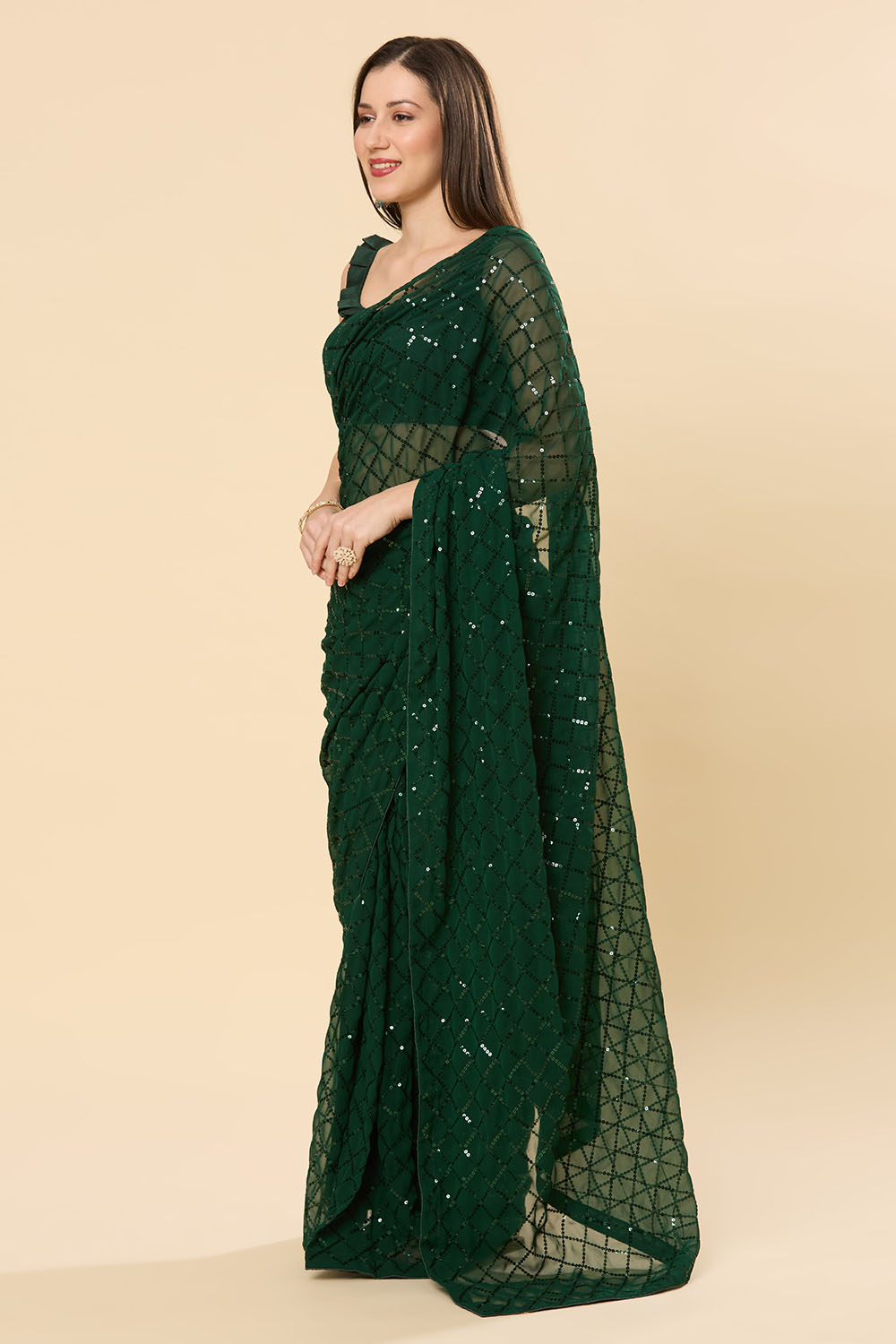Huda Green Georgette Sequin One Minute Saree