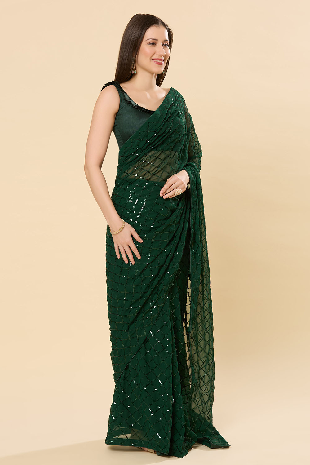 Huda Green Georgette Sequin One Minute Saree