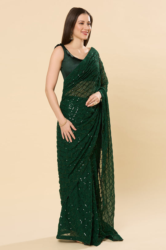 Huda Green Georgette Sequin One Minute Saree