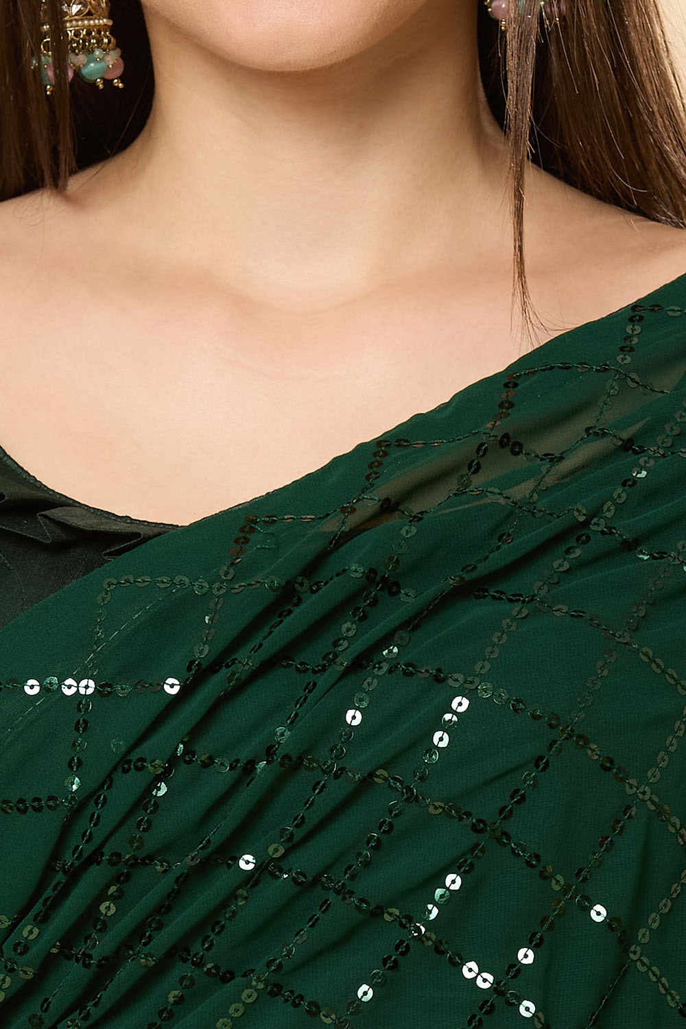 Huda Green Georgette Sequin One Minute Saree