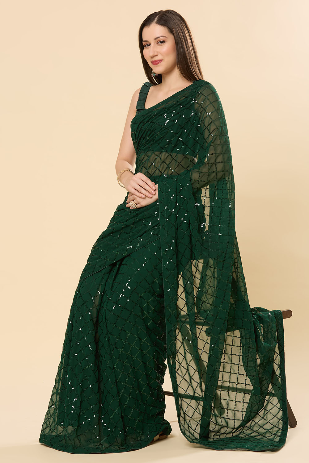 Huda Green Georgette Sequin One Minute Saree