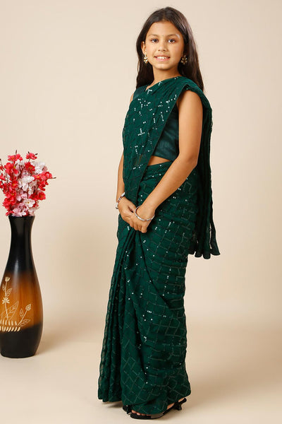 Huda Green Georgette Sequin One Minute Saree for Kids & Tweens