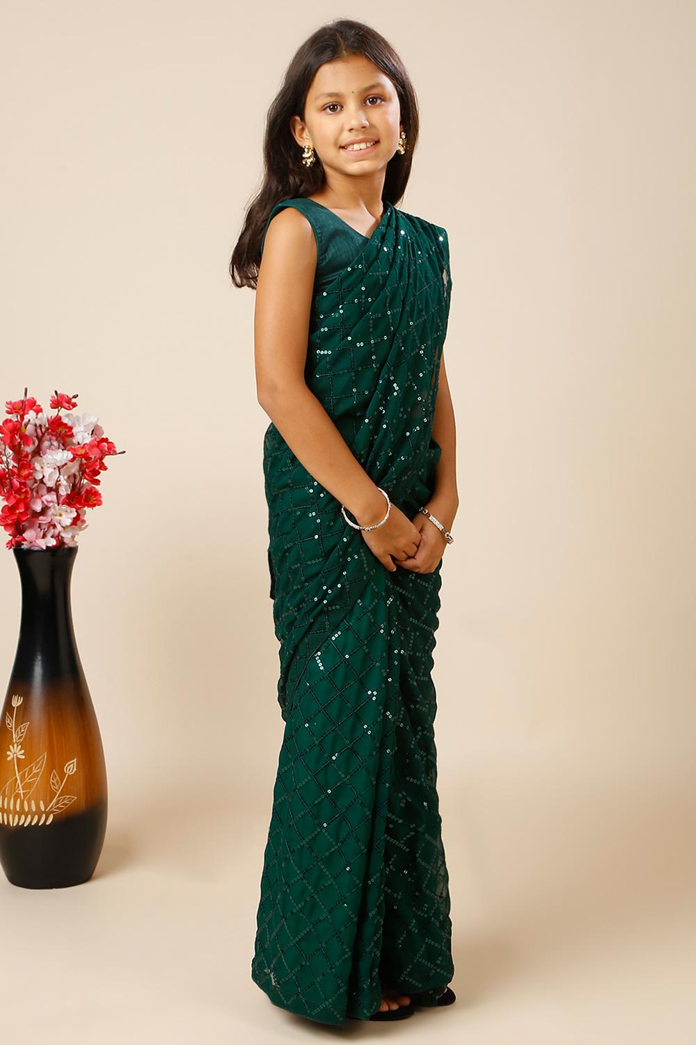 Huda Green Georgette Sequin One Minute Saree for Kids & Tweens