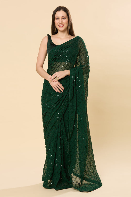Huda Green Georgette Sequin One Minute Saree