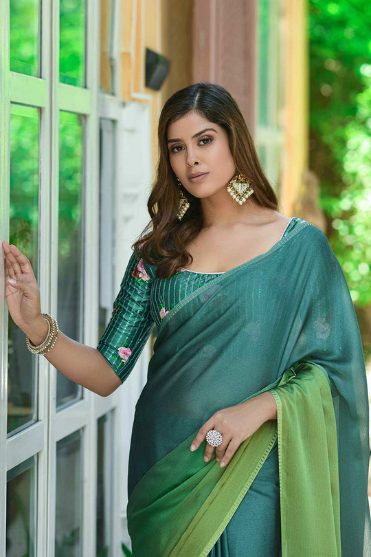 Darya Green Chiffon Sequins Swarovski Embroidered Ready to Wear One Minute Saree