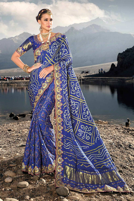 Ziba Royal Blue Satin Saree with Bandhani Embroidery & Mirror Work Ready to Wear One Minute Saree