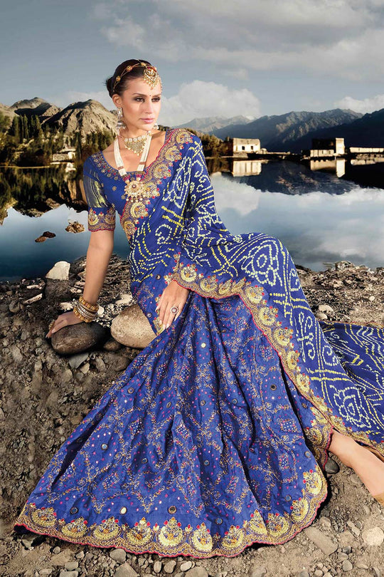 Ziba Royal Blue Satin Saree with Bandhani Embroidery & Mirror Work Ready to Wear One Minute Saree
